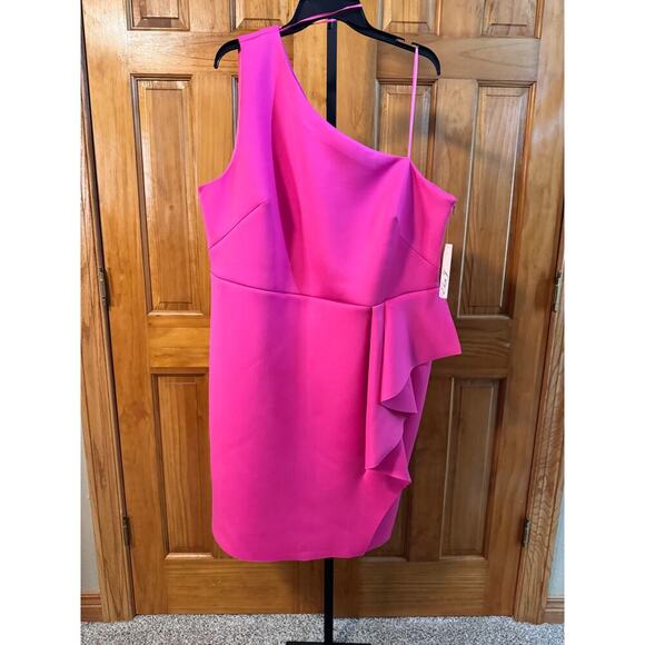 Eliza J Plus Pink Ruffle One-Shoulder Sheath Dress 22W Scuba Fabric - Picture 3 of 8